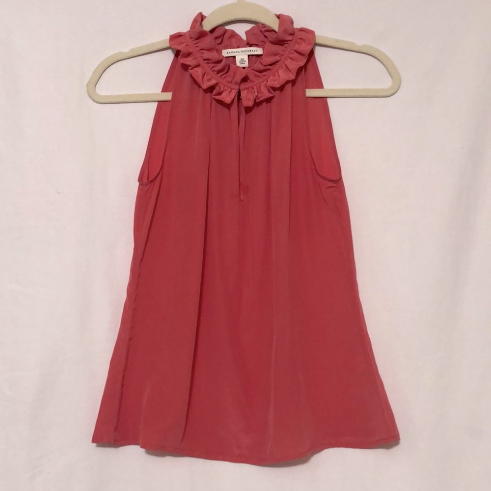 Banana Republic Coral Silk Blouse w/ Ruched Collar and HooknEye Clasp@ Throat